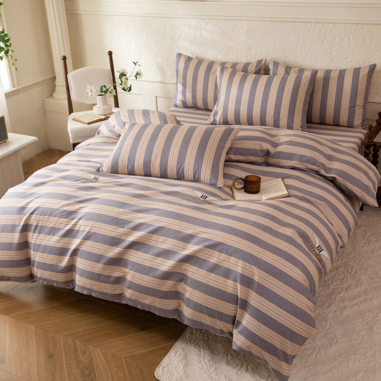 91家纺网 家纺一手货源 找家纺 （总）八十八家纺 2026新款无印风全棉纯棉斜纹条格四件套