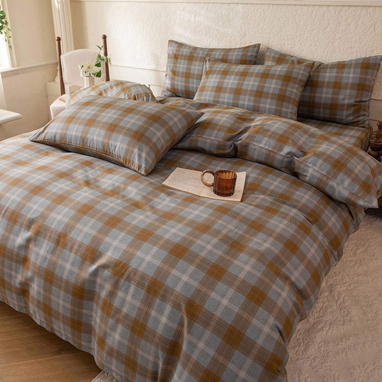 91家纺网 家纺一手货源 找家纺 八十八家纺 2026新款无印风全棉纯棉斜纹条格四件套 山墨