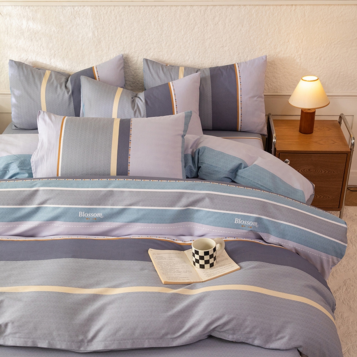 91家纺网 家纺一手货源 找家纺 八十八家纺 2026新款无印风全棉纯棉斜纹条格四件套 木思