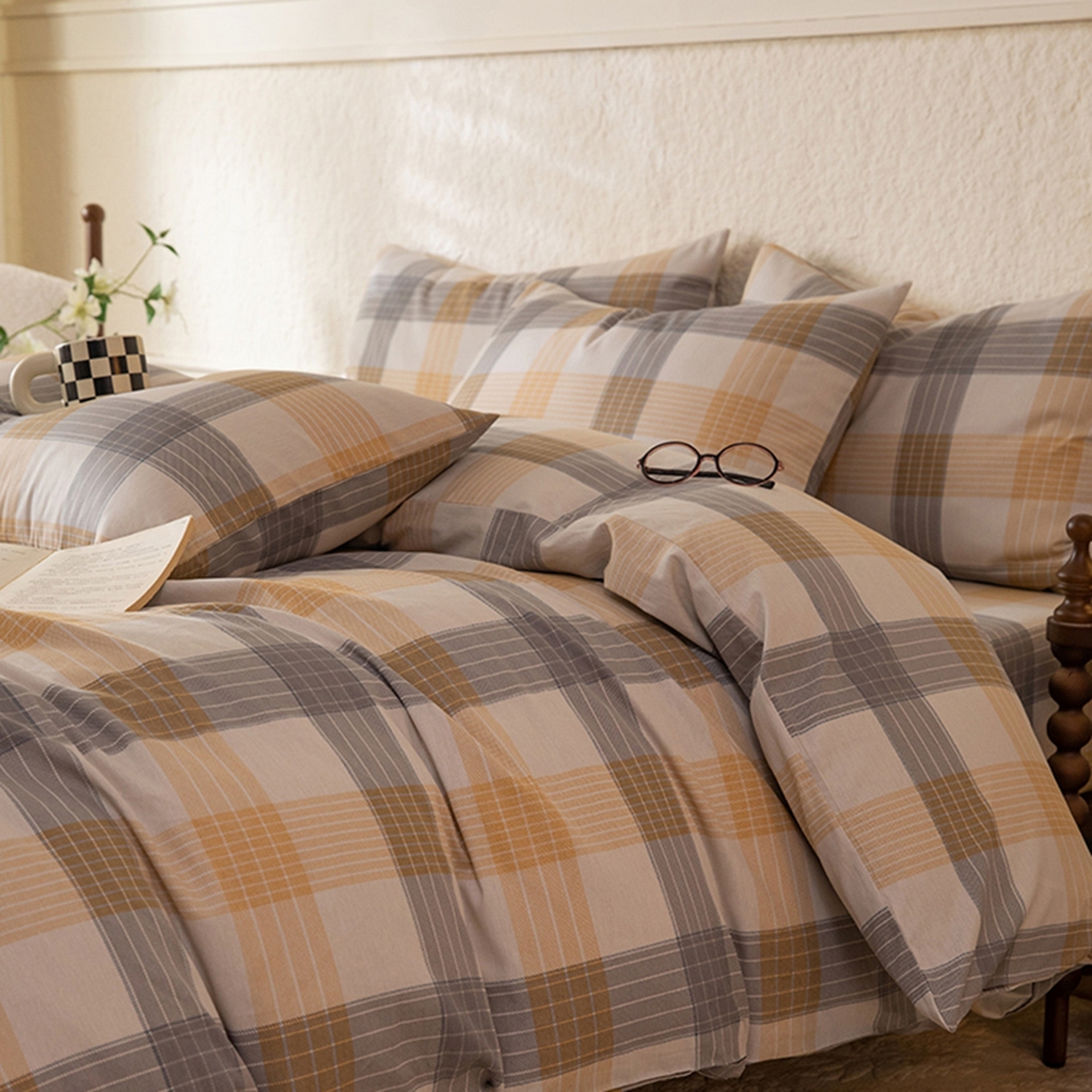 91家纺网 家纺一手货源 找家纺 八十八家纺 2026新款无印风全棉纯棉斜纹条格四件套 山川