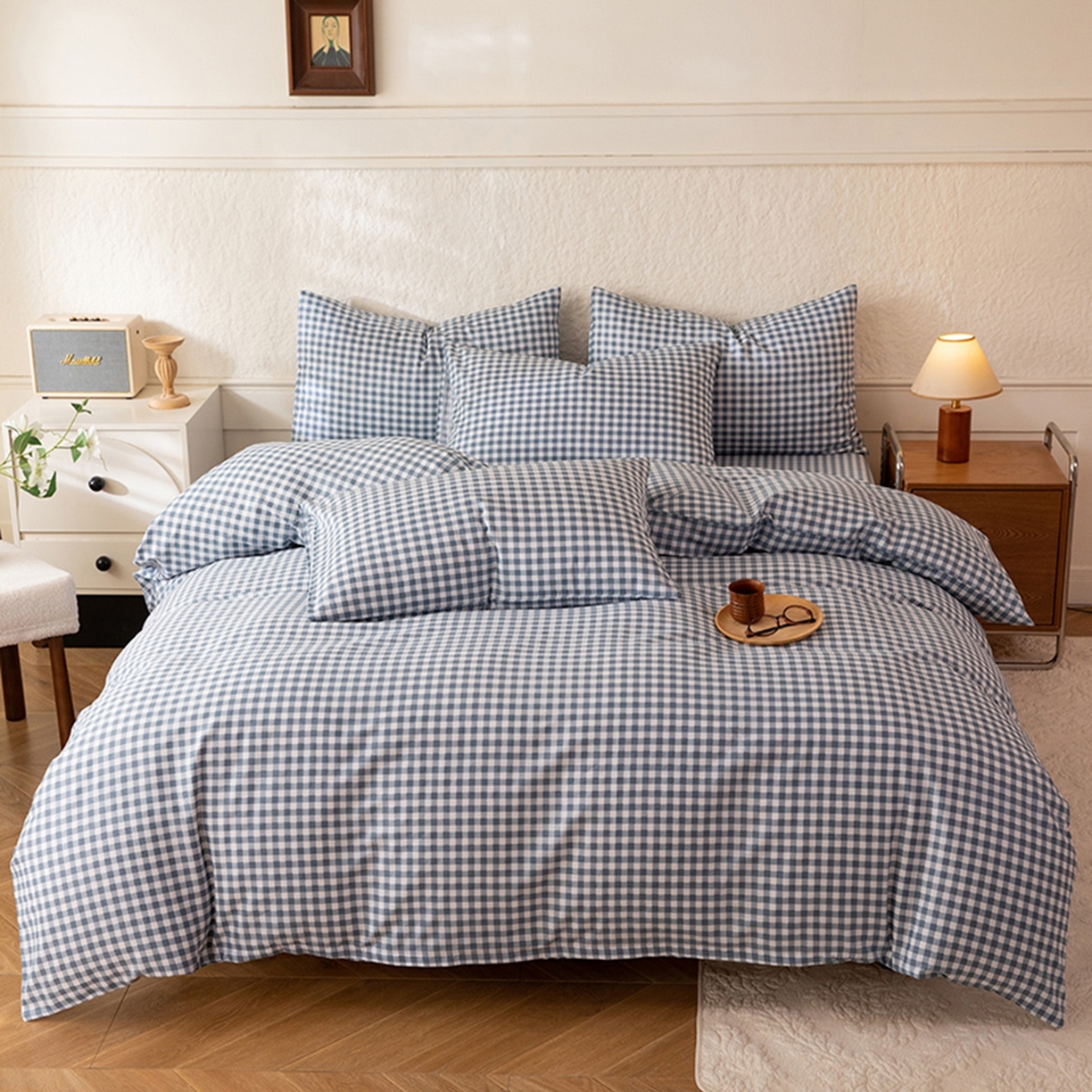 91家纺网 家纺一手货源 找家纺 八十八家纺 2026新款无印风全棉纯棉斜纹条格四件套 青田