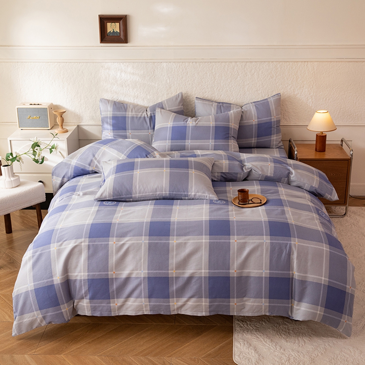 91家纺网 家纺一手货源 找家纺 八十八家纺 2026新款无印风全棉纯棉斜纹条格四件套 山林