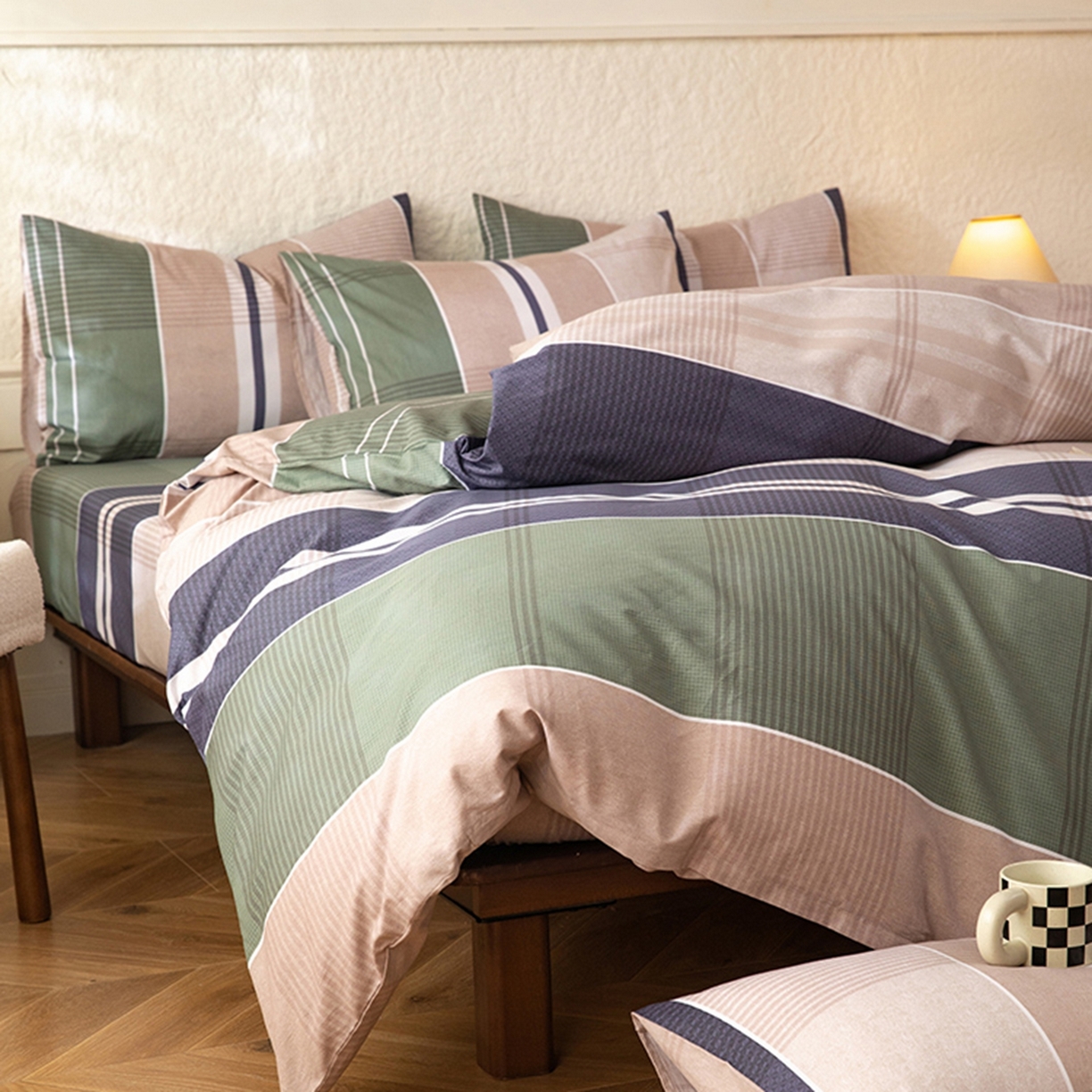 91家纺网 家纺一手货源 找家纺 八十八家纺 2026新款无印风全棉纯棉斜纹条格四件套 木夕