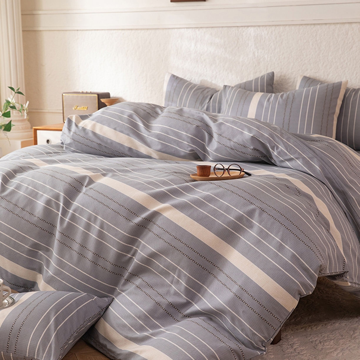 91家纺网 家纺一手货源 找家纺 八十八家纺 2026新款无印风全棉纯棉斜纹条格四件套 木几