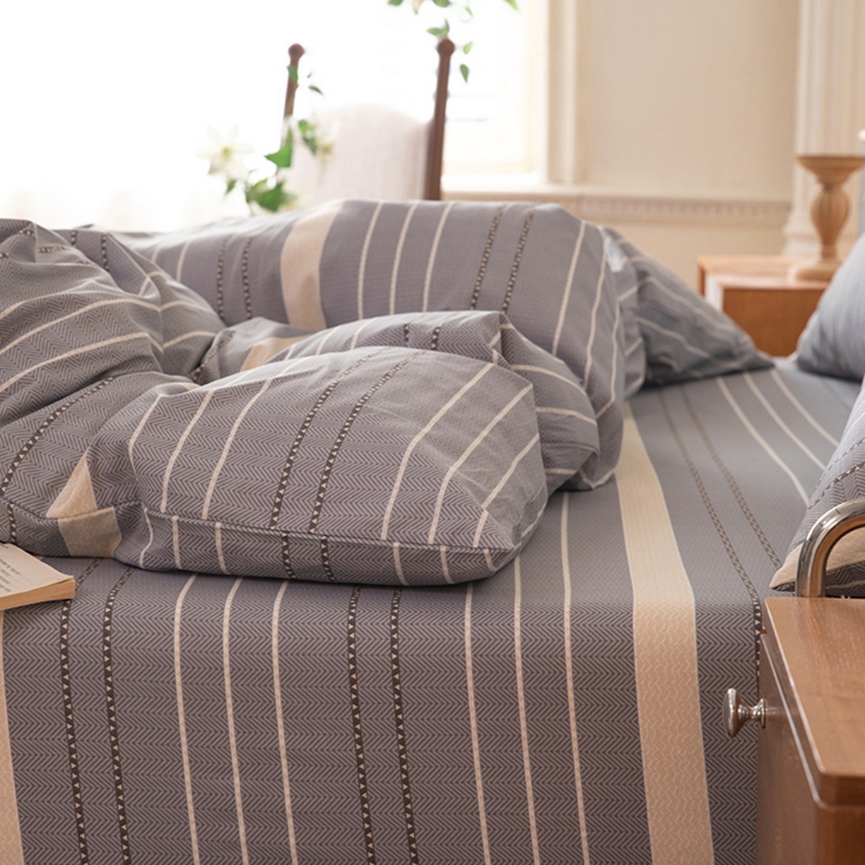 91家纺网 家纺一手货源 找家纺 八十八家纺 2026新款无印风全棉纯棉斜纹条格四件套 木几