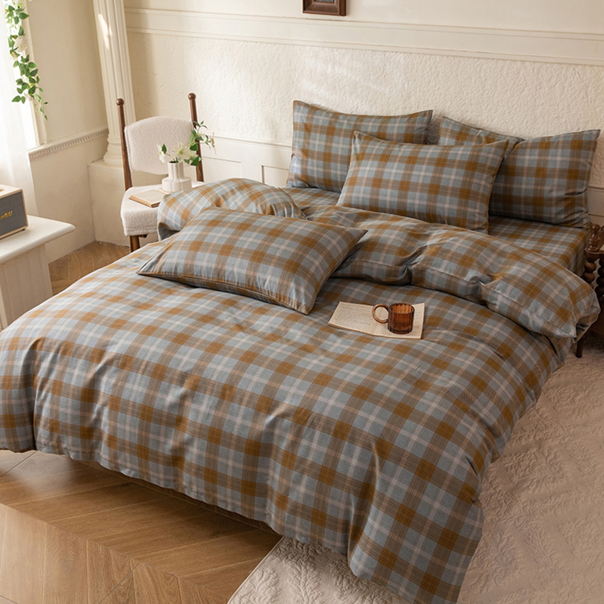 91家纺网 家纺一手货源 找家纺 八十八家纺 2026新款无印风全棉纯棉斜纹条格四件套 山墨