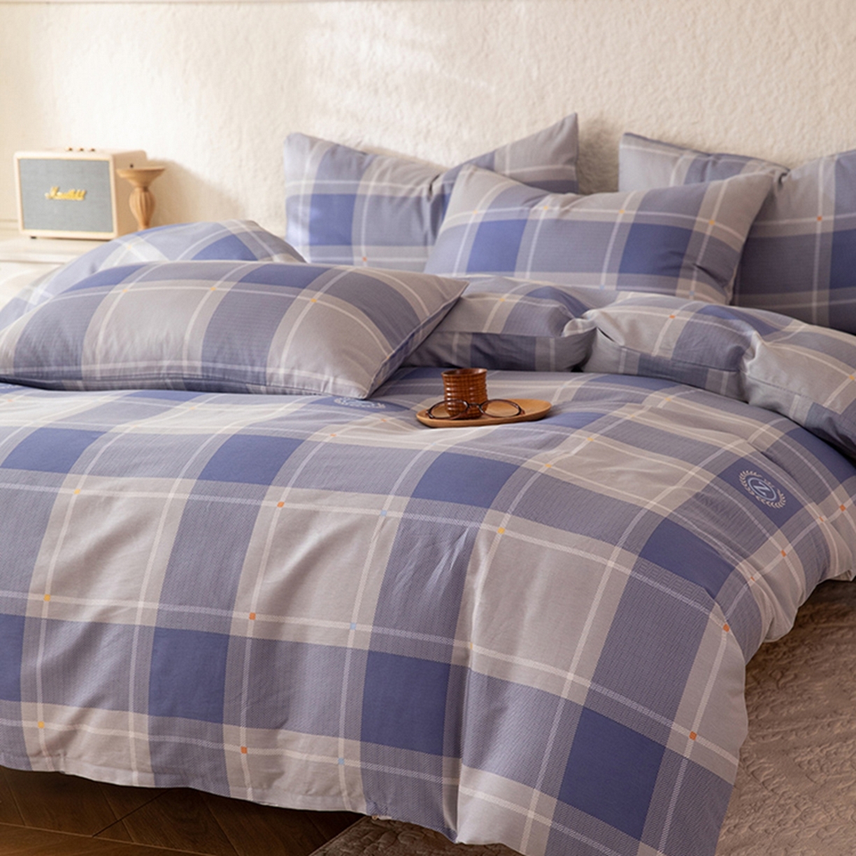 91家纺网 家纺一手货源 找家纺 八十八家纺 2026新款无印风全棉纯棉斜纹条格四件套 山林