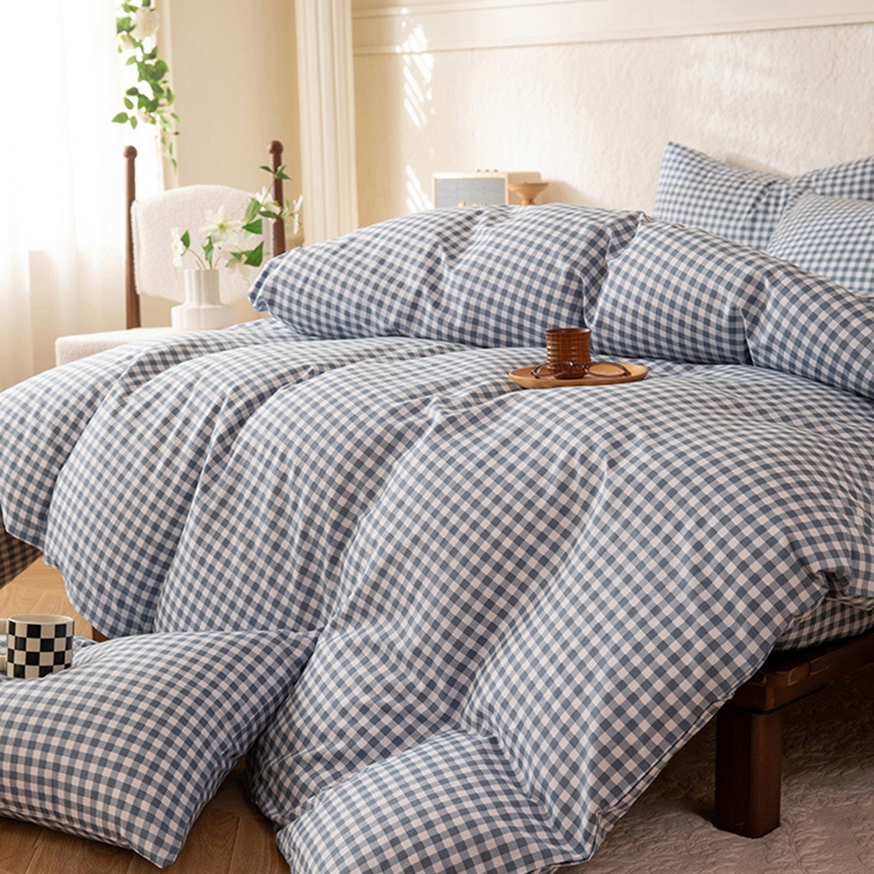 91家纺网 家纺一手货源 找家纺 八十八家纺 2026新款无印风全棉纯棉斜纹条格四件套 青田