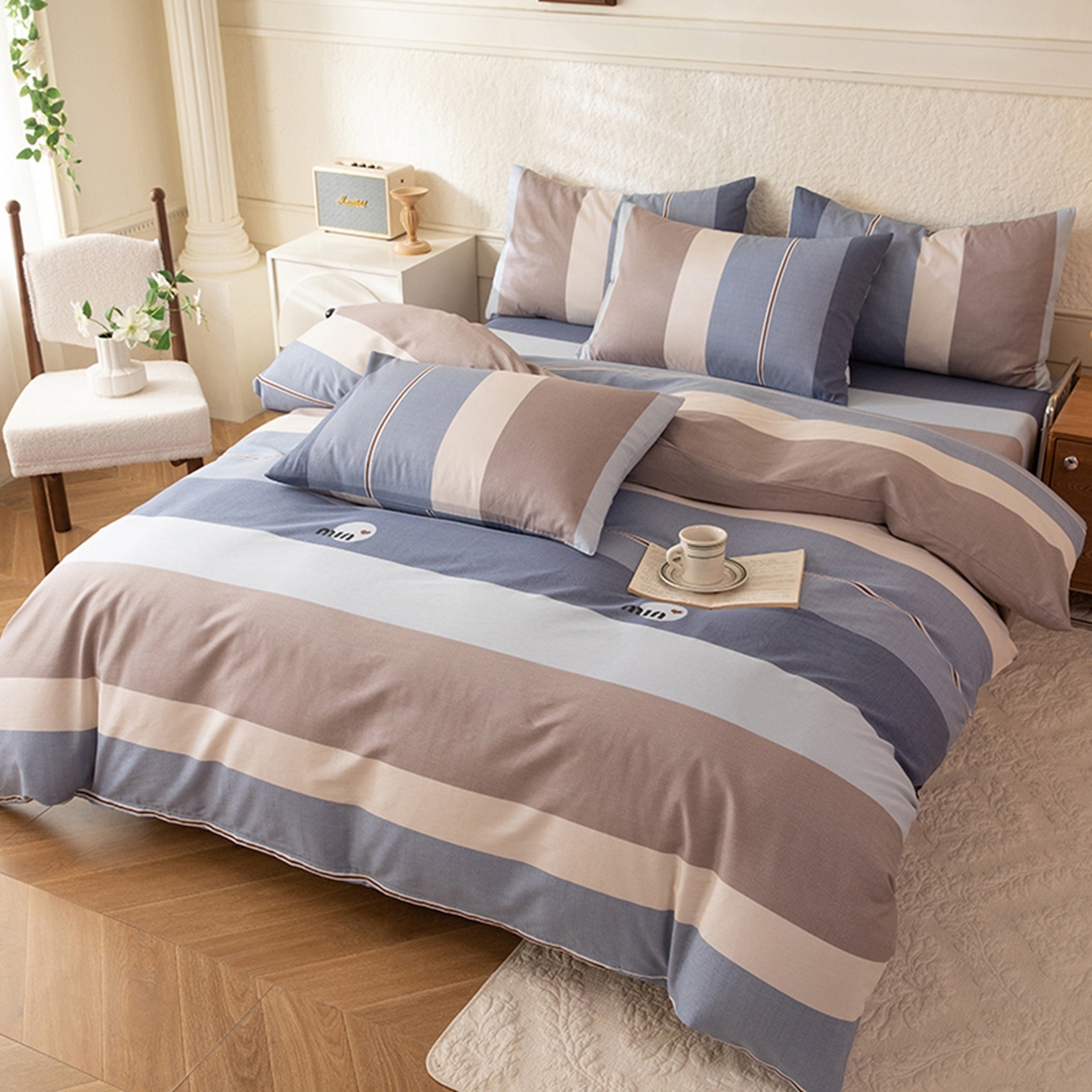 91家纺网 家纺一手货源 找家纺 八十八家纺 2026新款无印风全棉纯棉斜纹条格四件套 木央