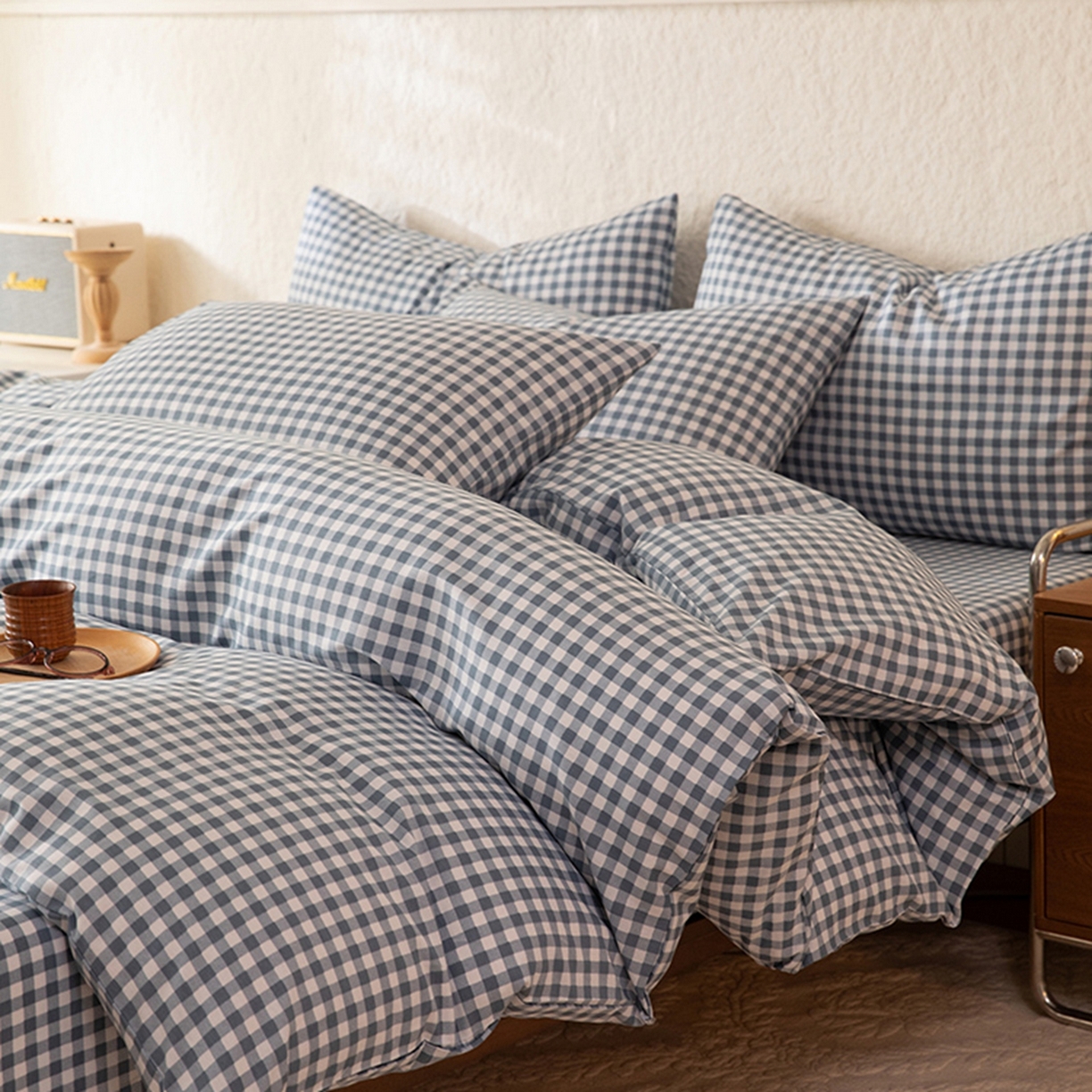 91家纺网 家纺一手货源 找家纺 八十八家纺 2026新款无印风全棉纯棉斜纹条格四件套 青田