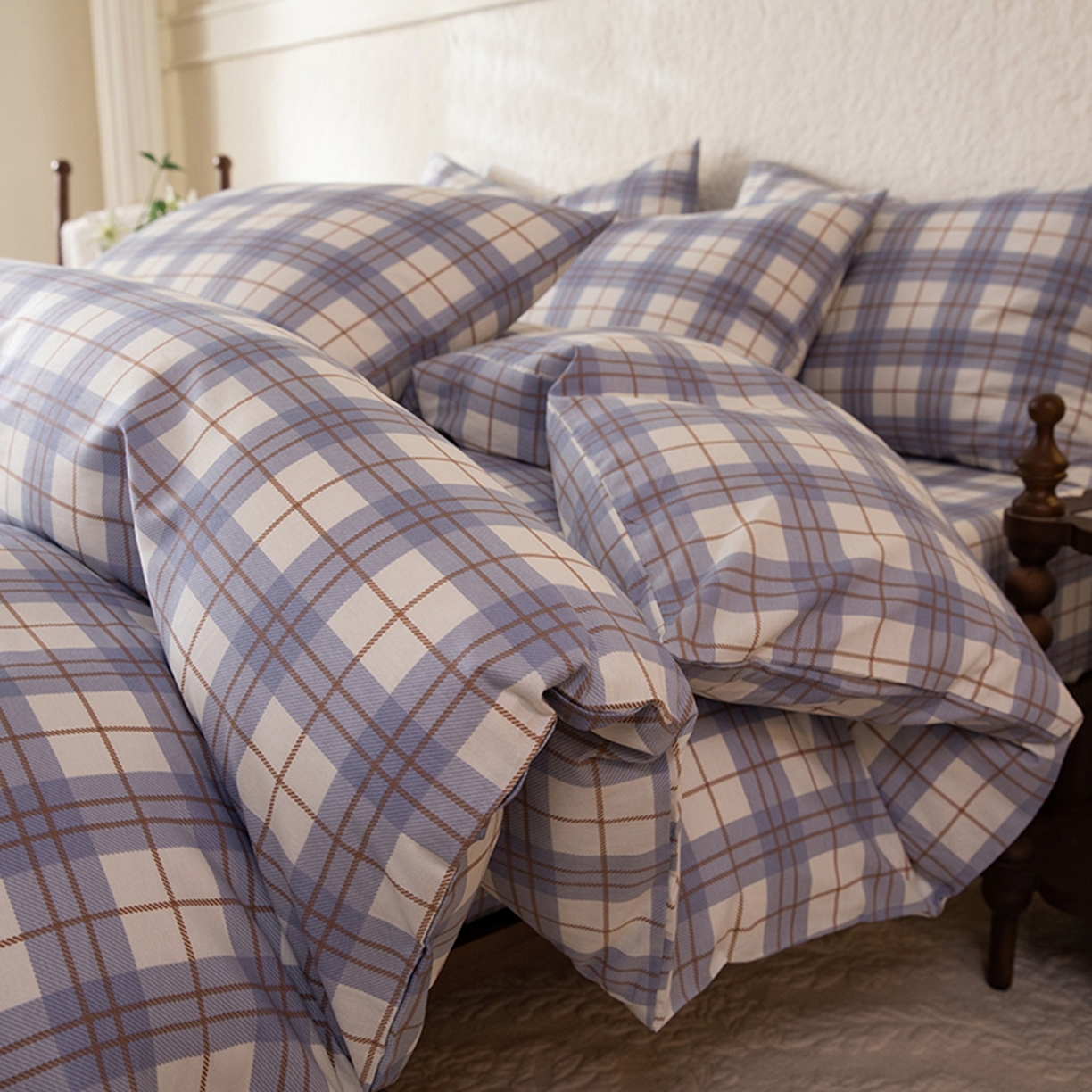 八十八家纺 2026新款无印风全棉纯棉斜纹条格四件套 青岚