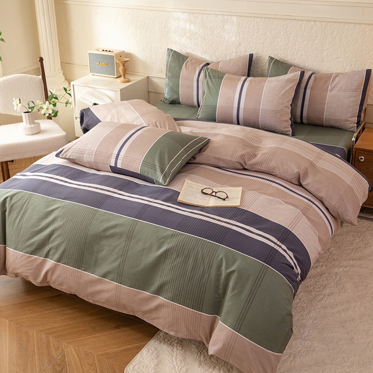 91家纺网 家纺一手货源 找家纺 八十八家纺 2026新款无印风全棉纯棉斜纹条格四件套 木夕