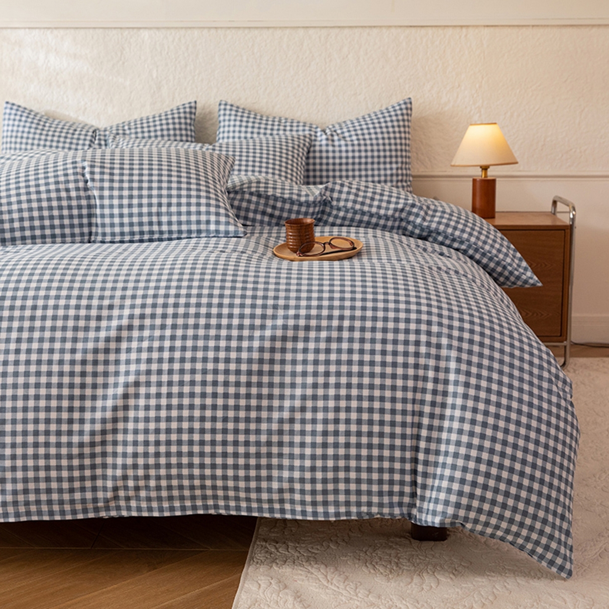 91家纺网 家纺一手货源 找家纺 八十八家纺 2026新款无印风全棉纯棉斜纹条格四件套 青田