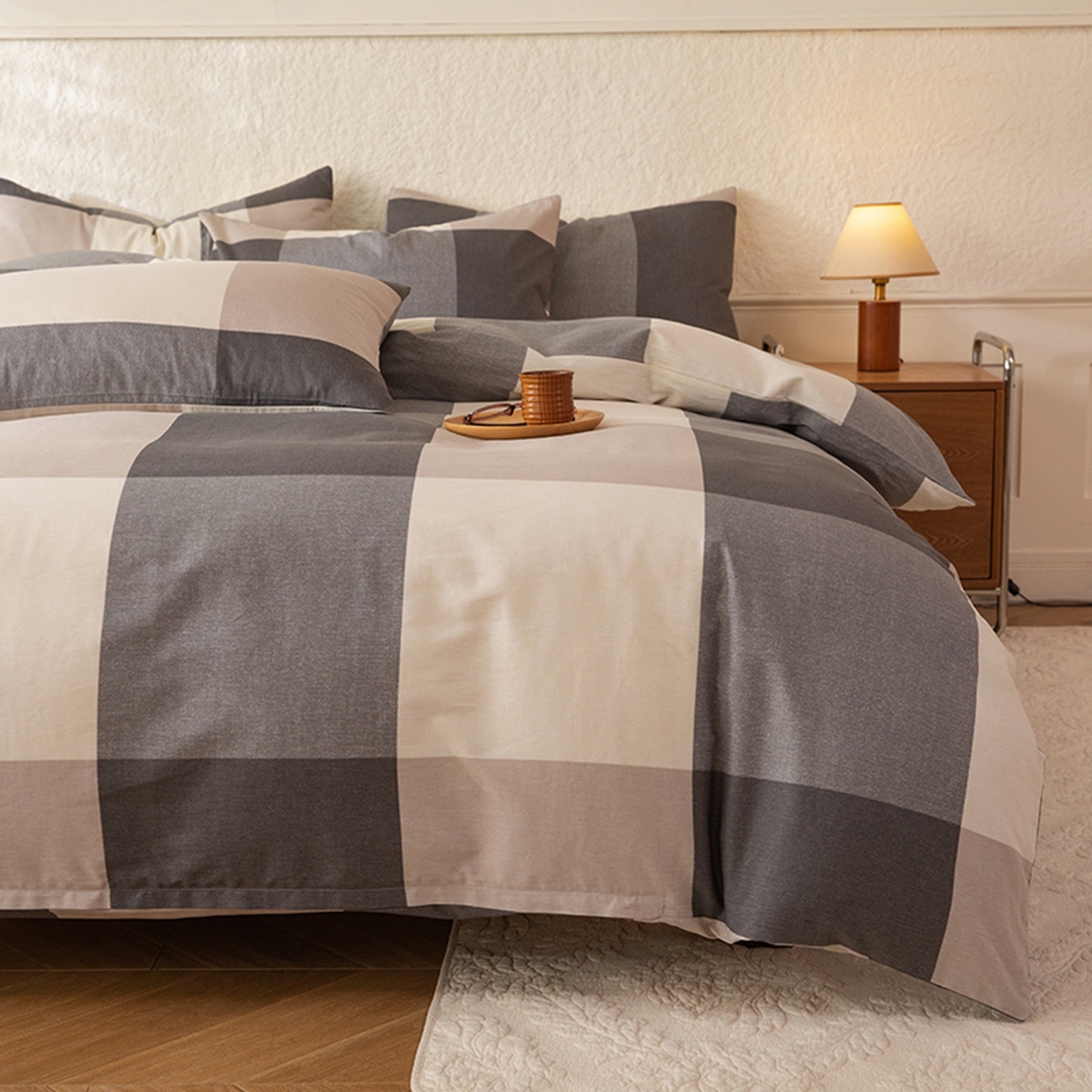 91家纺网 家纺一手货源 找家纺 八十八家纺 2026新款无印风全棉纯棉斜纹条格四件套 山海