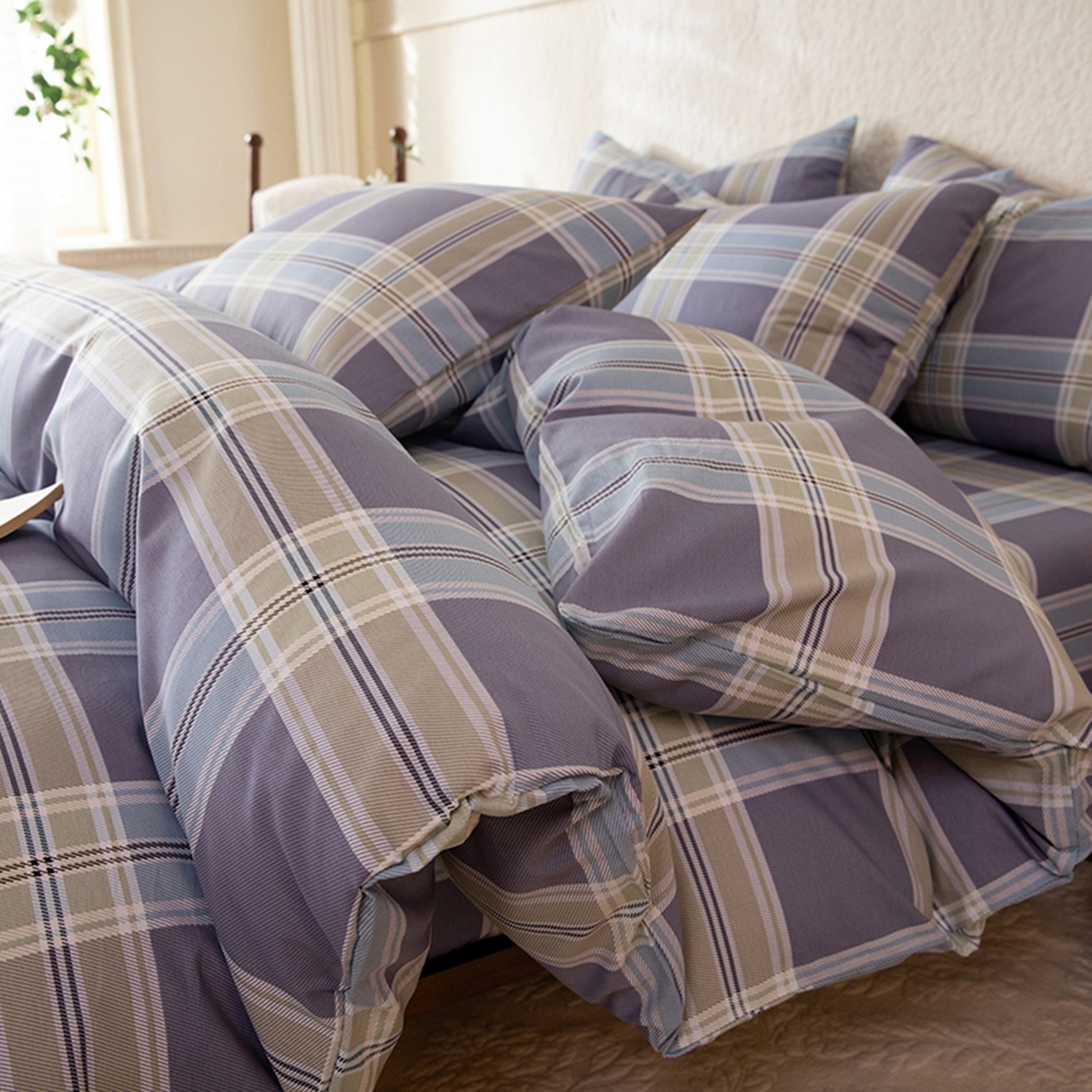 91家纺网 家纺一手货源 找家纺 八十八家纺 2026新款无印风全棉纯棉斜纹条格四件套 山月