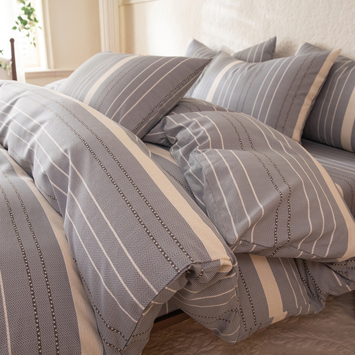 八十八家纺 2026新款无印风全棉纯棉斜纹条格四件套 木几