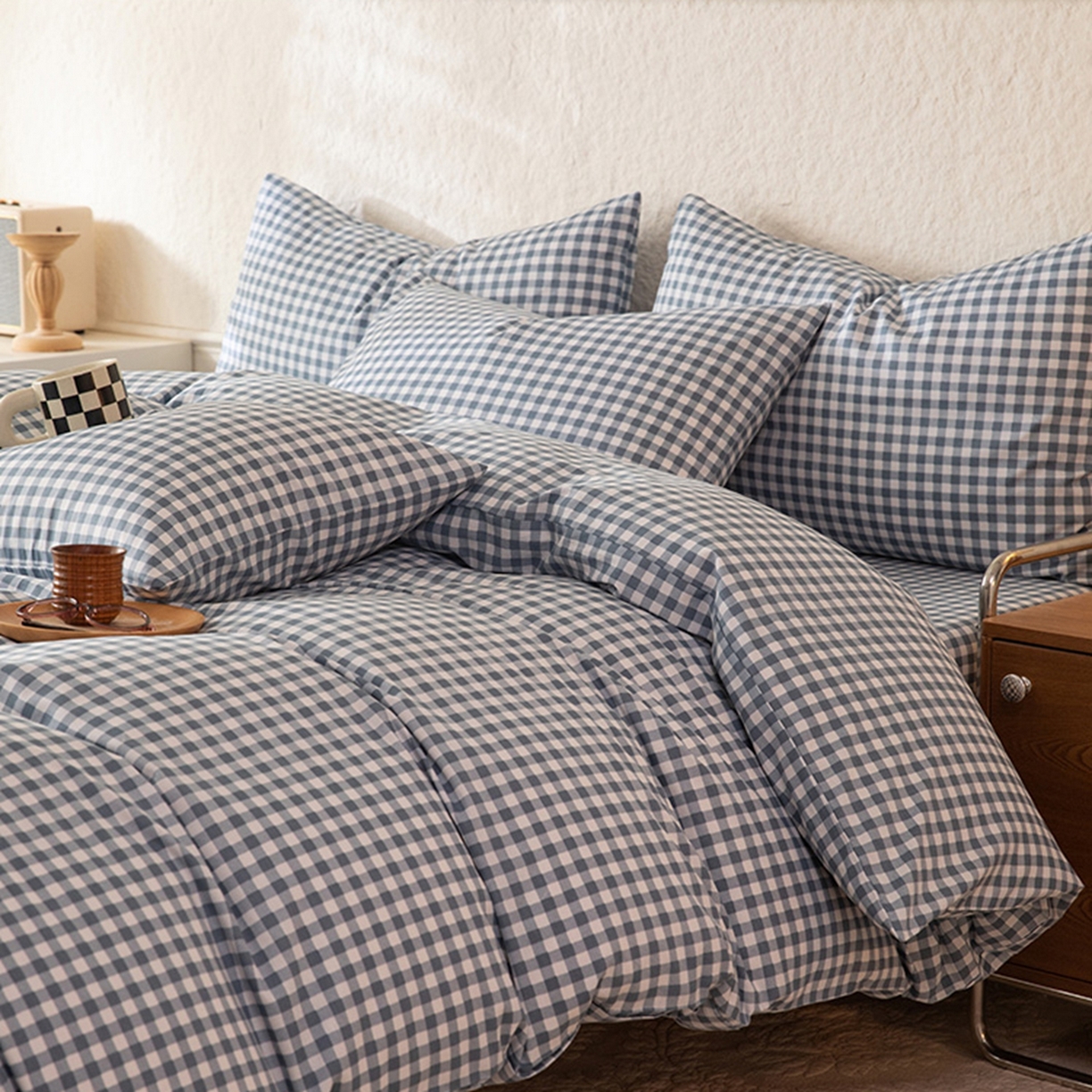 91家纺网 家纺一手货源 找家纺 八十八家纺 2026新款无印风全棉纯棉斜纹条格四件套 青田