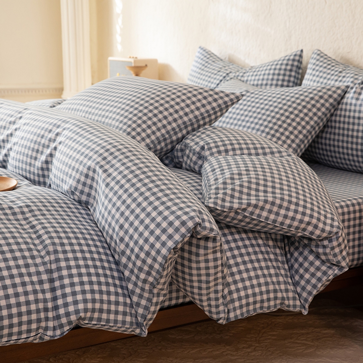 91家纺网 家纺一手货源 找家纺 八十八家纺 2026新款无印风全棉纯棉斜纹条格四件套 青田