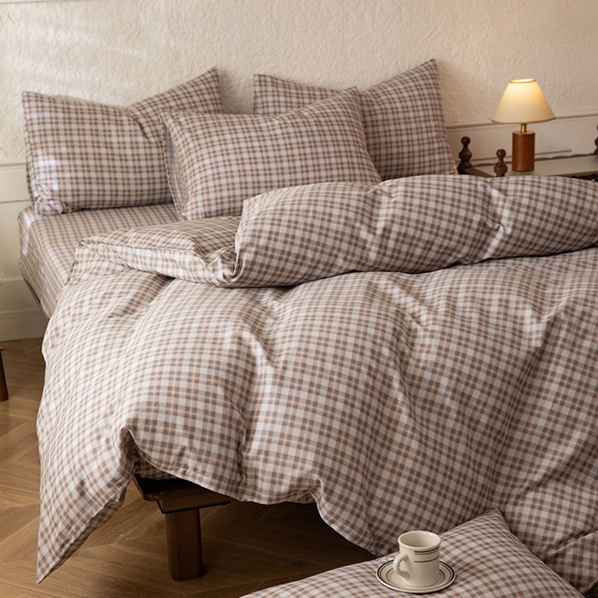 91家纺网 家纺一手货源 找家纺 八十八家纺 2026新款无印风全棉纯棉斜纹条格四件套 青忆