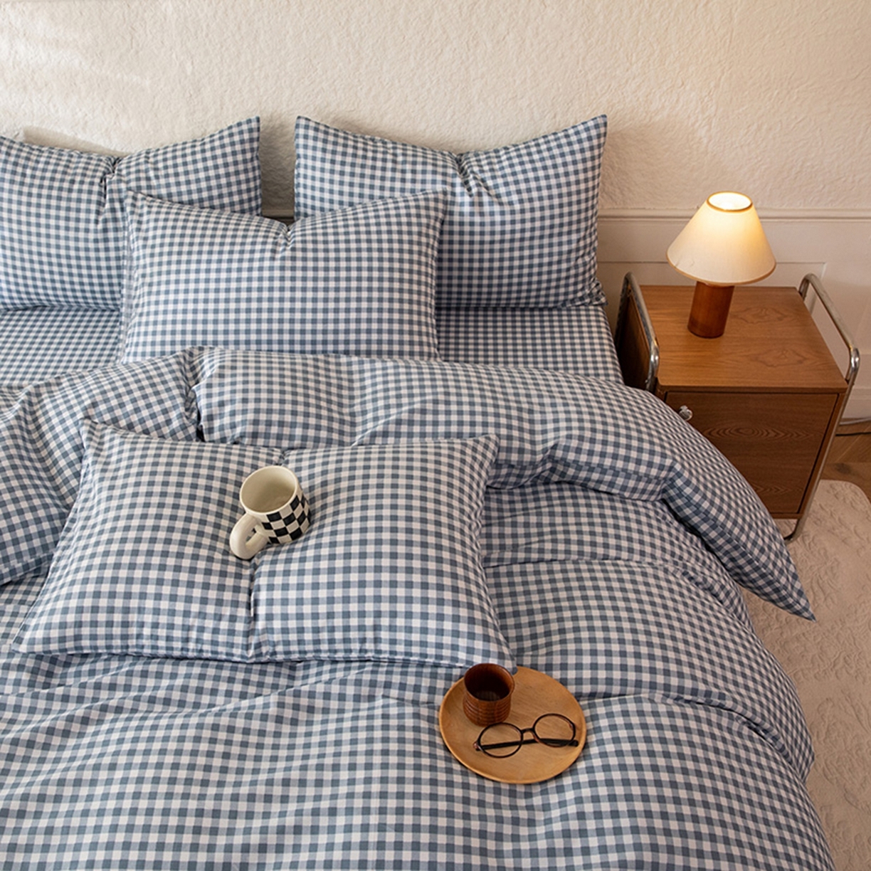 91家纺网 家纺一手货源 找家纺 八十八家纺 2026新款无印风全棉纯棉斜纹条格四件套 青田