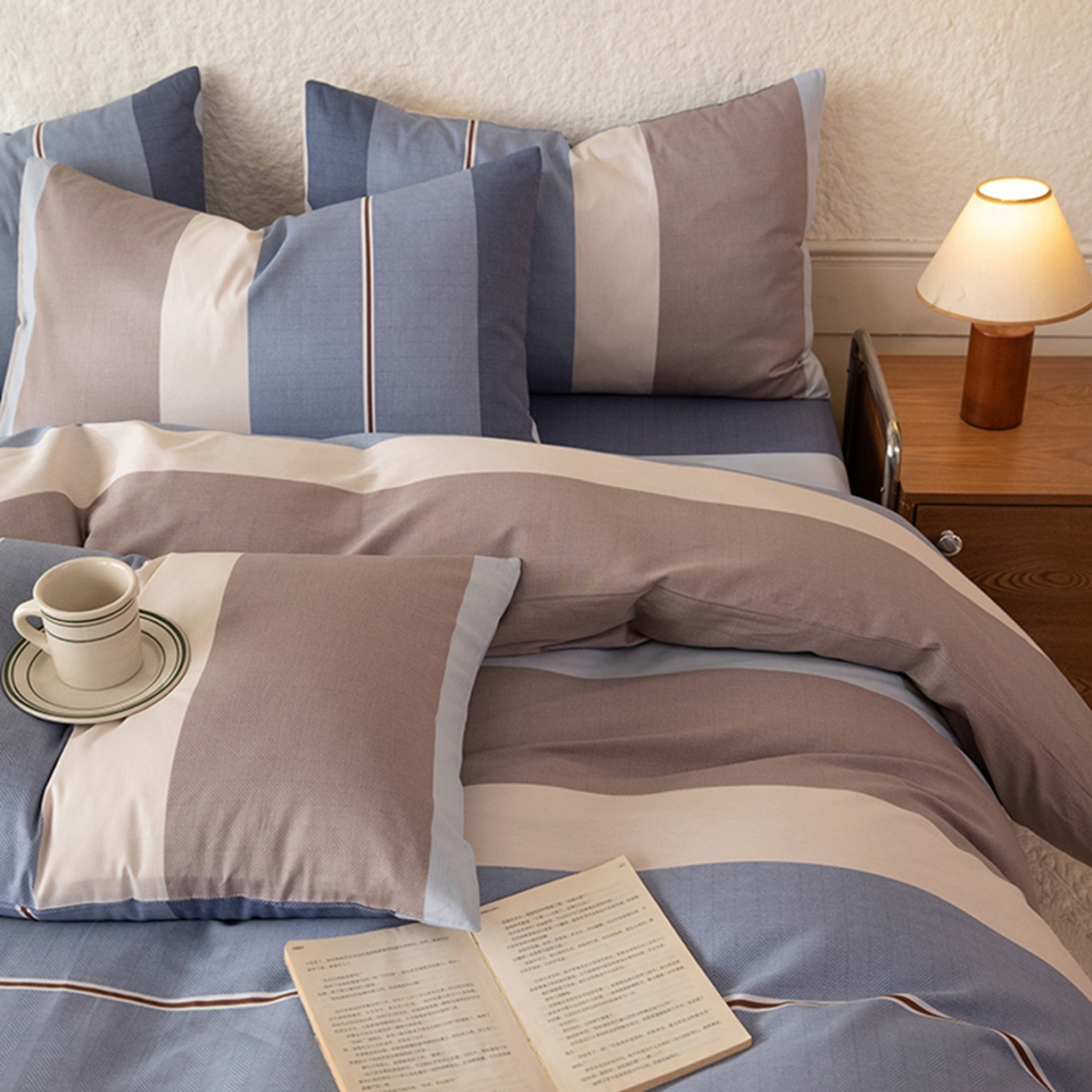 91家纺网 家纺一手货源 找家纺 八十八家纺 2026新款无印风全棉纯棉斜纹条格四件套 木央