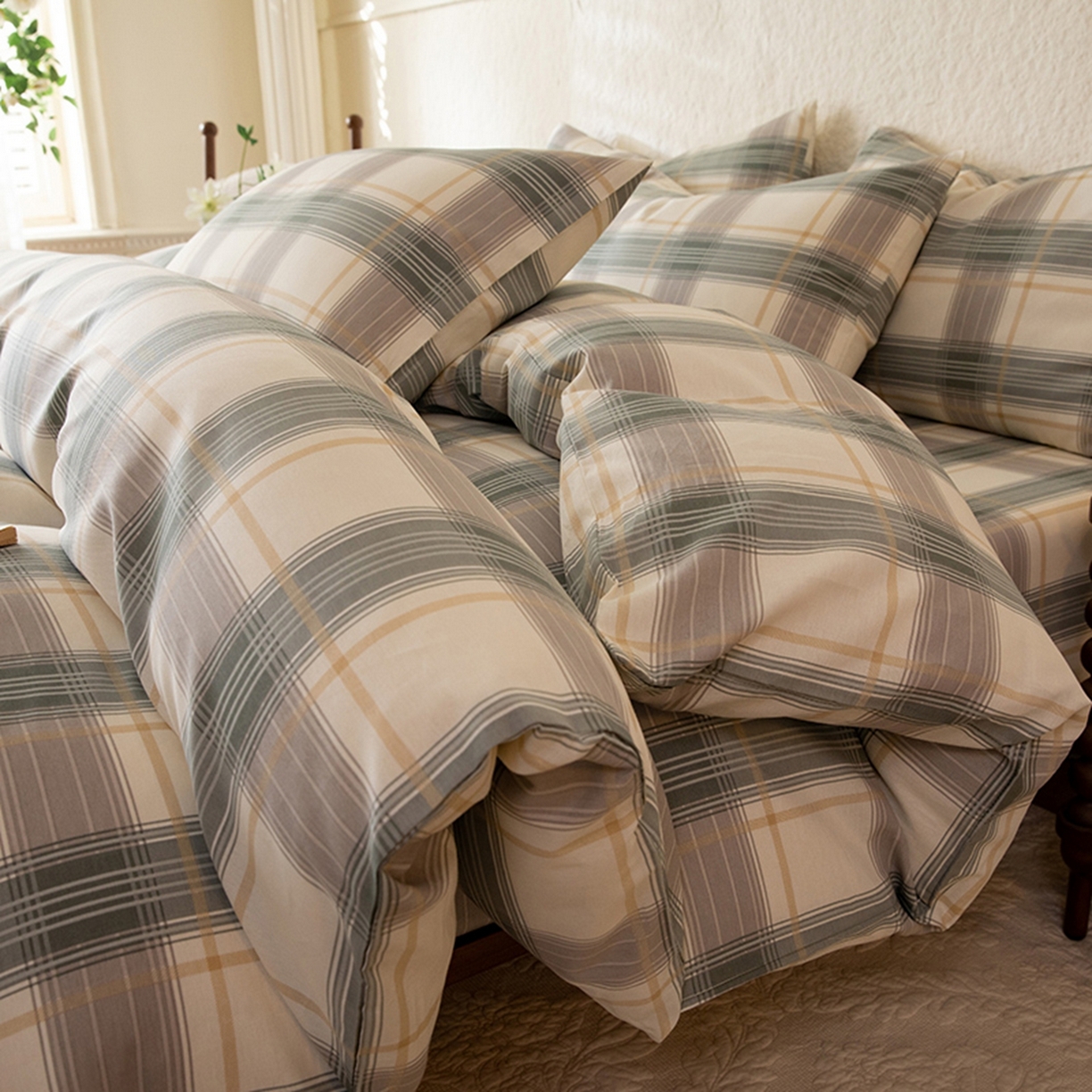 91家纺网 家纺一手货源 找家纺 八十八家纺 2026新款无印风全棉纯棉斜纹条格四件套 山竹