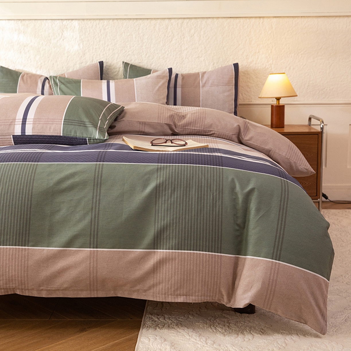 91家纺网 家纺一手货源 找家纺 八十八家纺 2026新款无印风全棉纯棉斜纹条格四件套 木夕