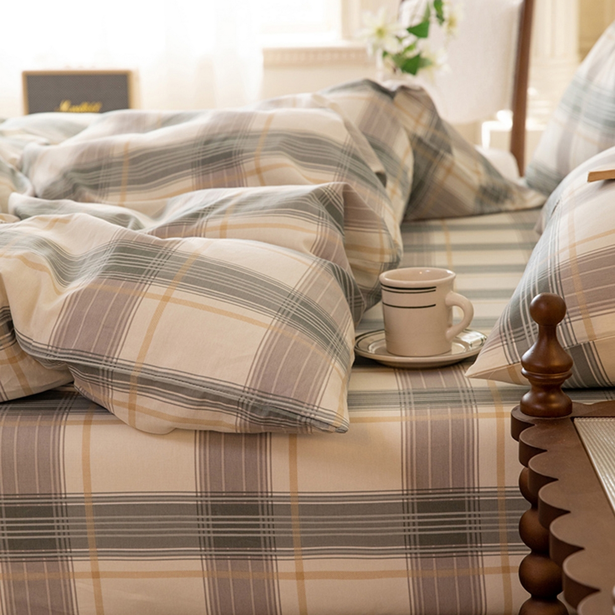 91家纺网 家纺一手货源 找家纺 八十八家纺 2026新款无印风全棉纯棉斜纹条格四件套 山竹