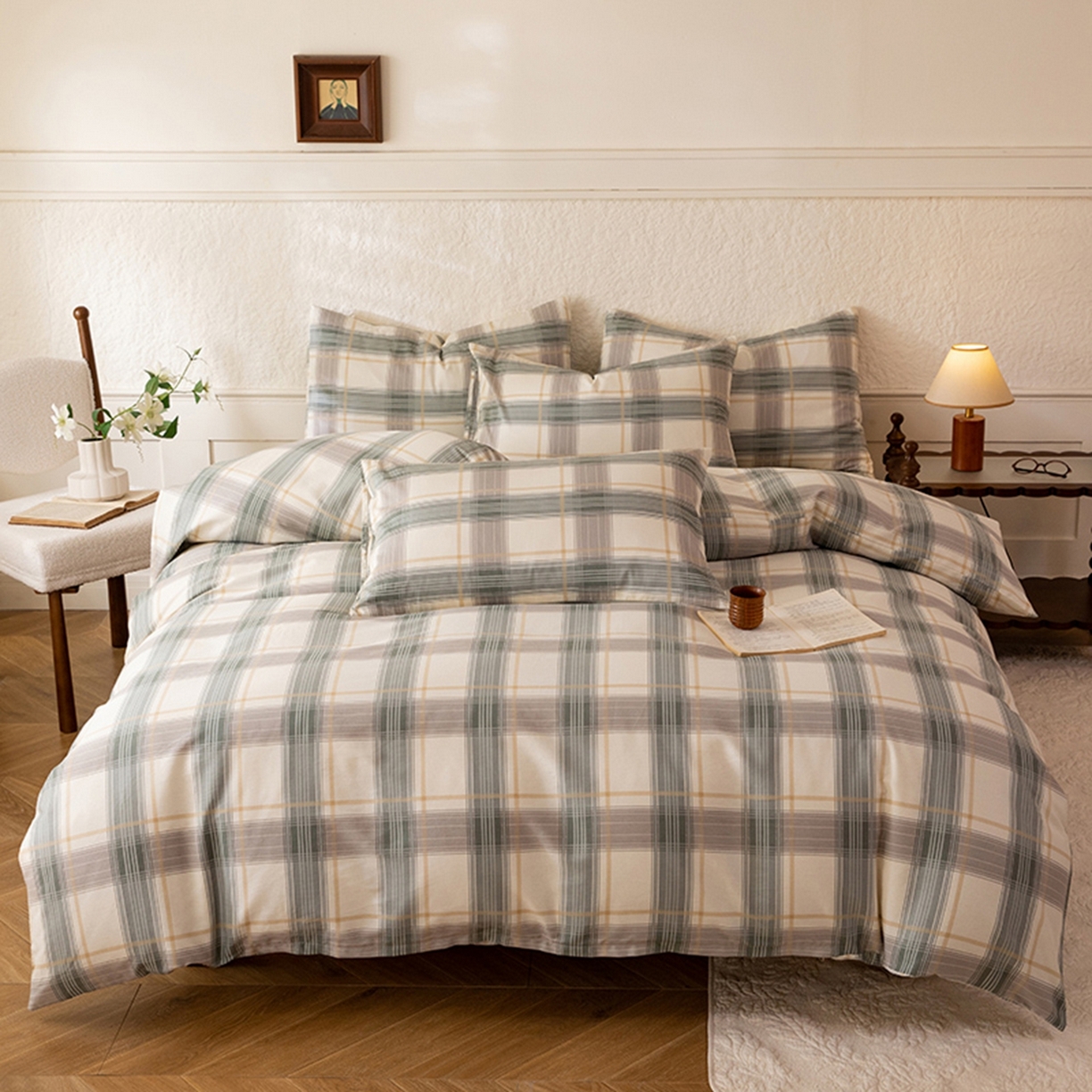 91家纺网 家纺一手货源 找家纺 八十八家纺 2026新款无印风全棉纯棉斜纹条格四件套 山竹