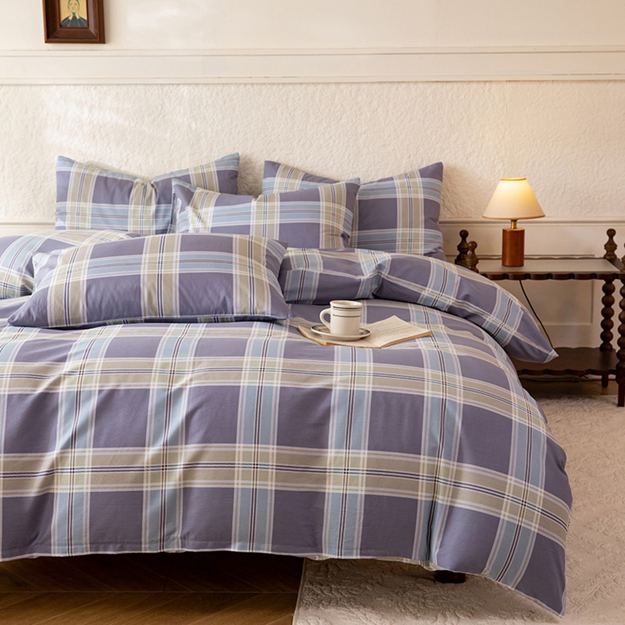 91家纺网 家纺一手货源 找家纺 八十八家纺 2026新款无印风全棉纯棉斜纹条格四件套 山月