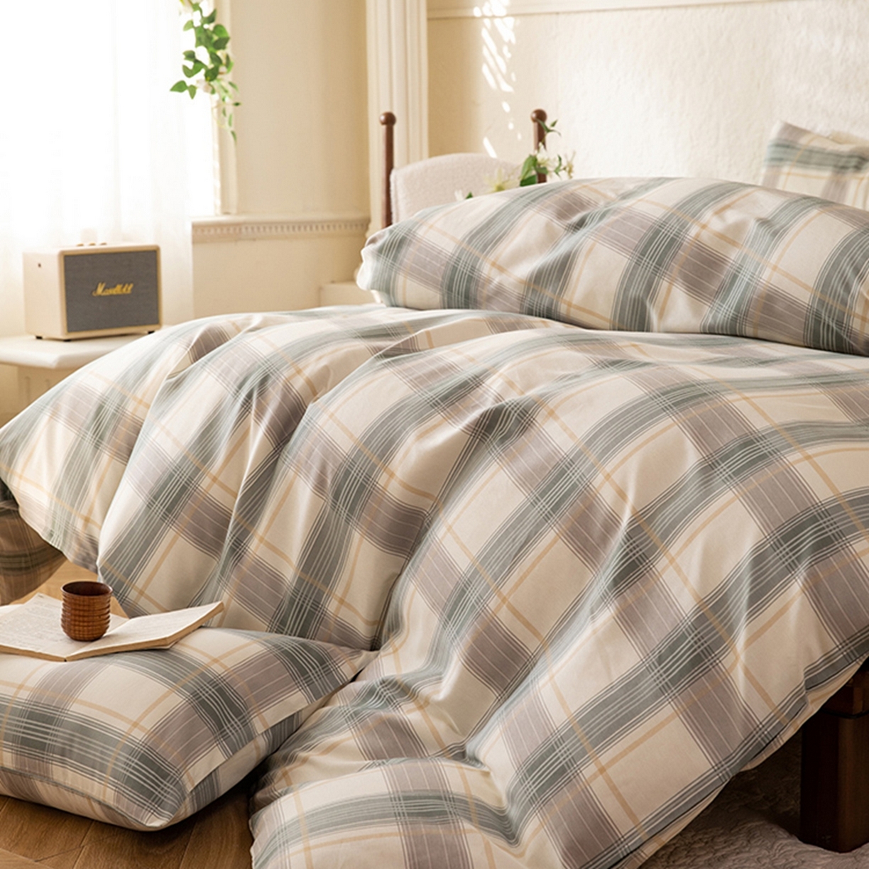 91家纺网 家纺一手货源 找家纺 八十八家纺 2026新款无印风全棉纯棉斜纹条格四件套 山竹