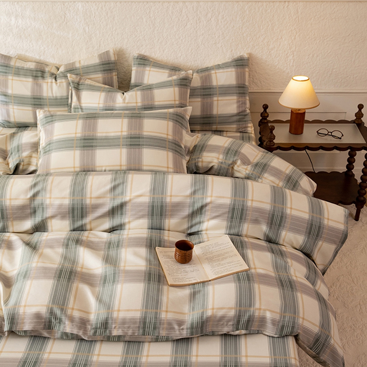 91家纺网 家纺一手货源 找家纺 八十八家纺 2026新款无印风全棉纯棉斜纹条格四件套 山竹