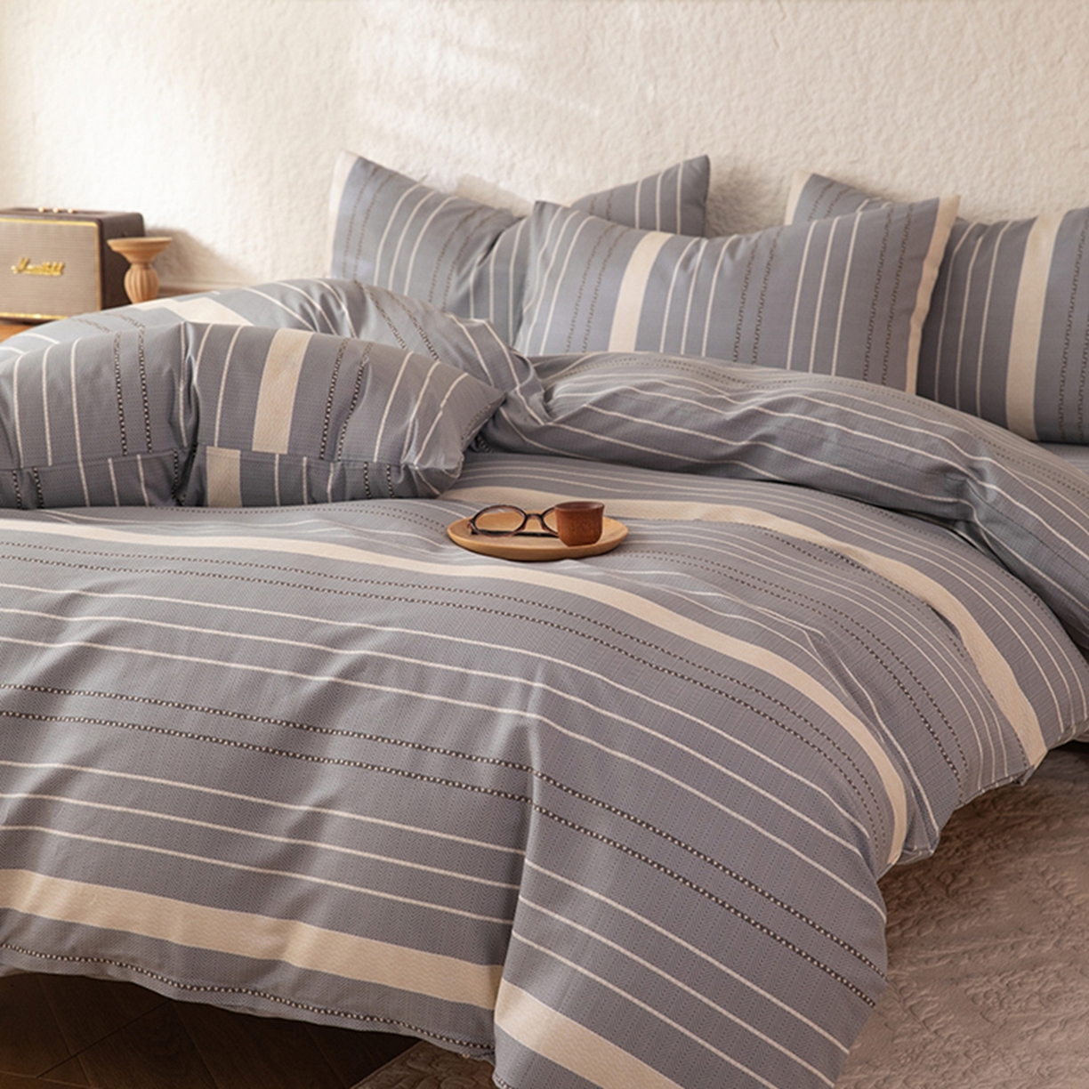 91家纺网 家纺一手货源 找家纺 八十八家纺 2026新款无印风全棉纯棉斜纹条格四件套 木几