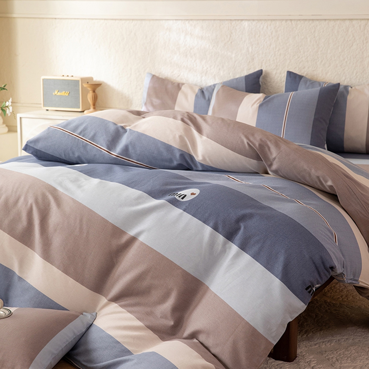 91家纺网 家纺一手货源 找家纺 八十八家纺 2026新款无印风全棉纯棉斜纹条格四件套 木央