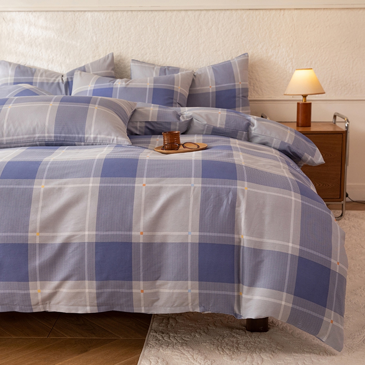 91家纺网 家纺一手货源 找家纺 八十八家纺 2026新款无印风全棉纯棉斜纹条格四件套 山林