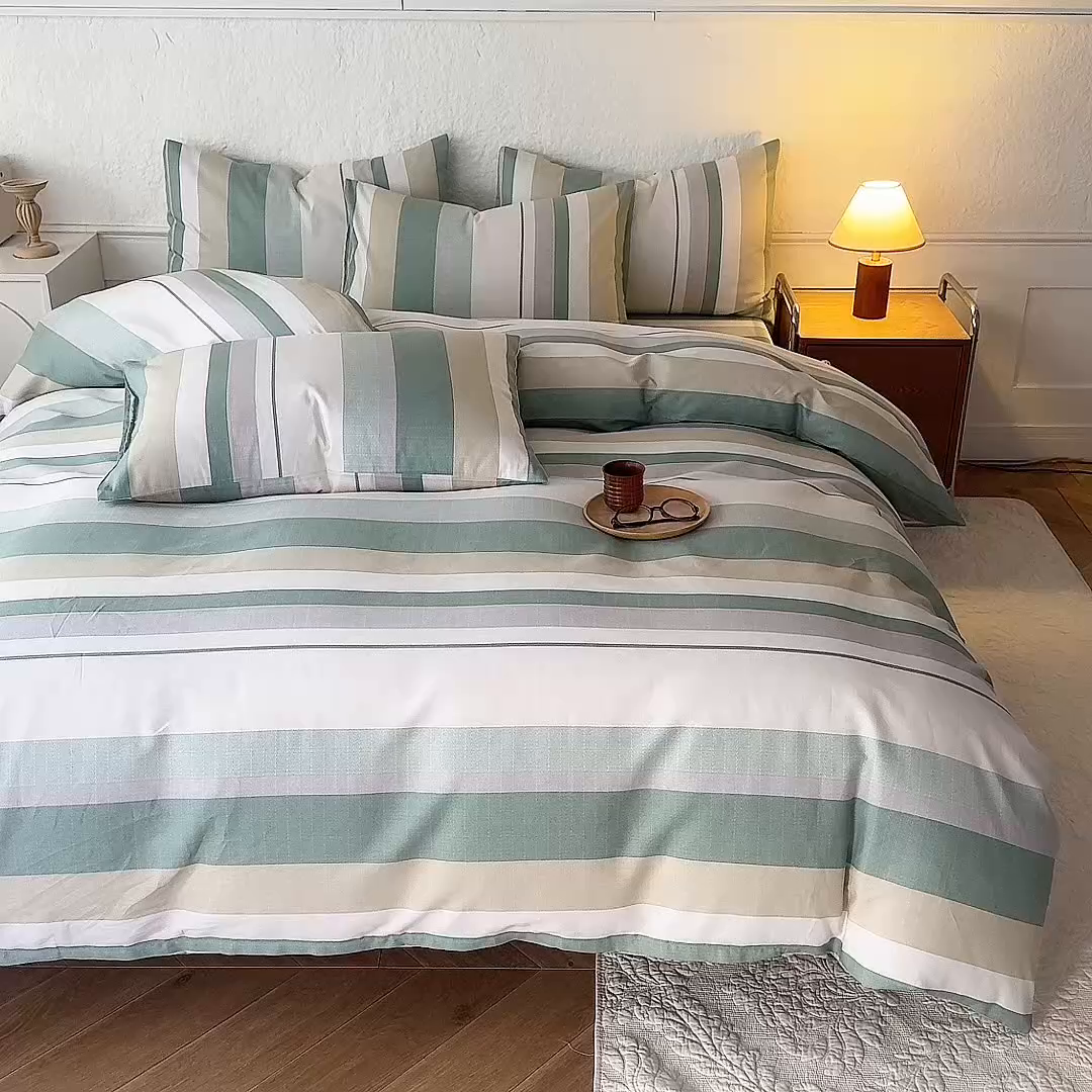 91家纺网 家纺一手货源 找家纺 八十八家纺 2026新款无印风全棉纯棉斜纹条格四件套 木春