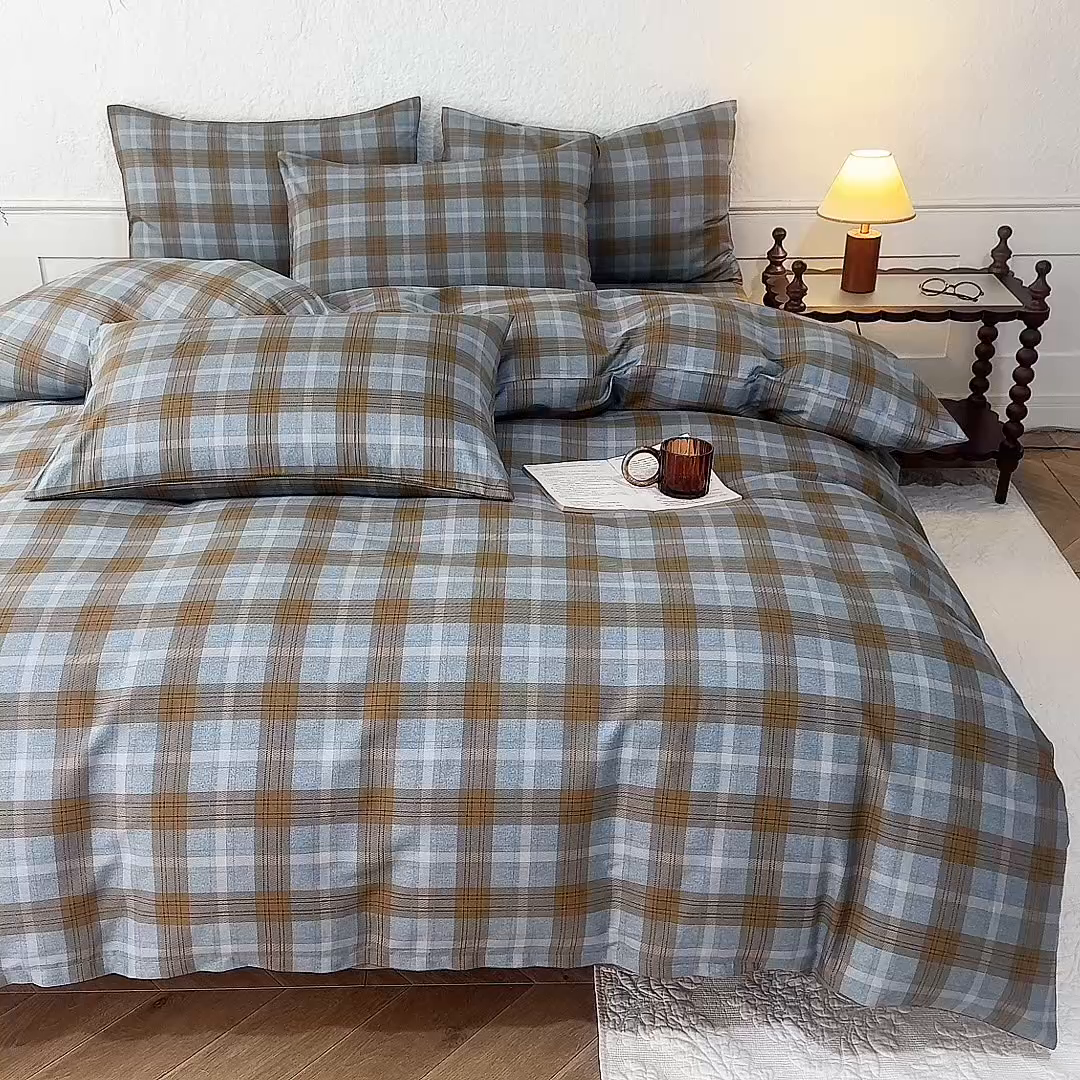 91家纺网 家纺一手货源 找家纺 八十八家纺 2026新款无印风全棉纯棉斜纹条格四件套 山墨