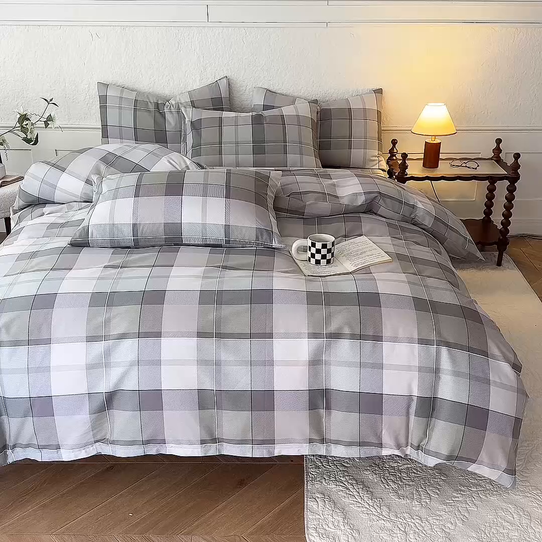 91家纺网 家纺一手货源 找家纺 八十八家纺 2026新款无印风全棉纯棉斜纹条格四件套 山茶