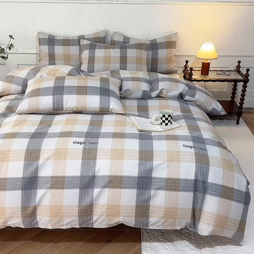 91家纺网 家纺一手货源 找家纺 八十八家纺 2026新款无印风全棉纯棉斜纹条格四件套 山川