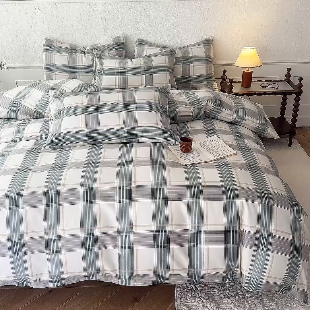 91家纺网 家纺一手货源 找家纺 八十八家纺 2026新款无印风全棉纯棉斜纹条格四件套 山竹