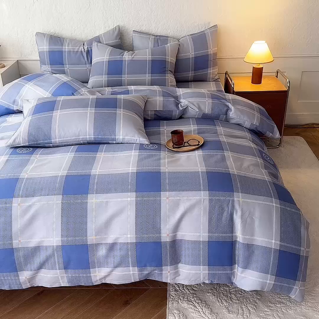 91家纺网 家纺一手货源 找家纺 八十八家纺 2026新款无印风全棉纯棉斜纹条格四件套 山林