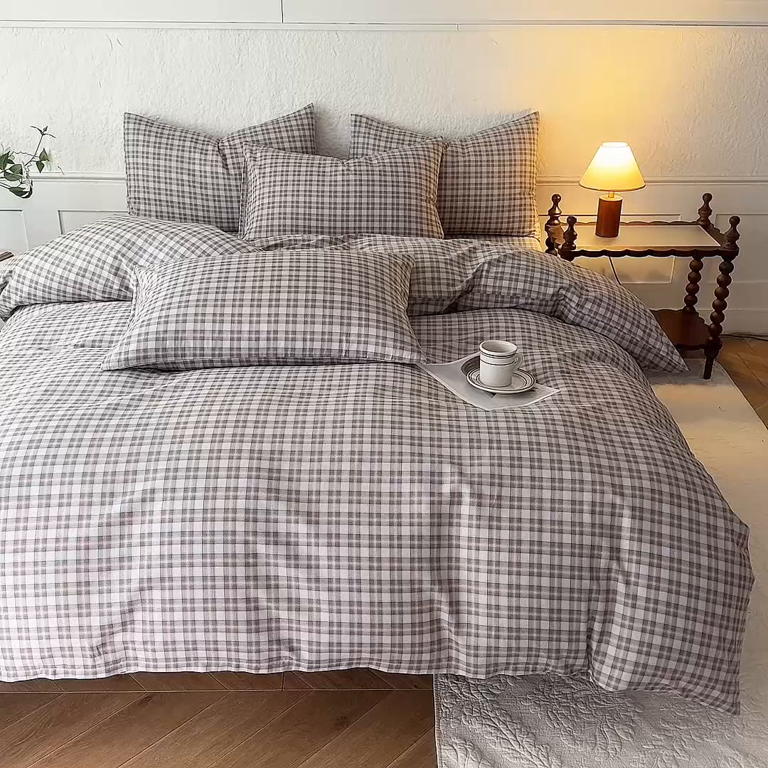 91家纺网 家纺一手货源 找家纺 八十八家纺 2026新款无印风全棉纯棉斜纹条格四件套 青忆