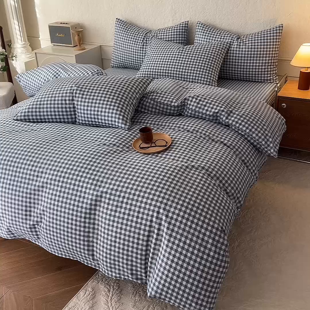 91家纺网 家纺一手货源 找家纺 八十八家纺 2026新款无印风全棉纯棉斜纹条格四件套 青田