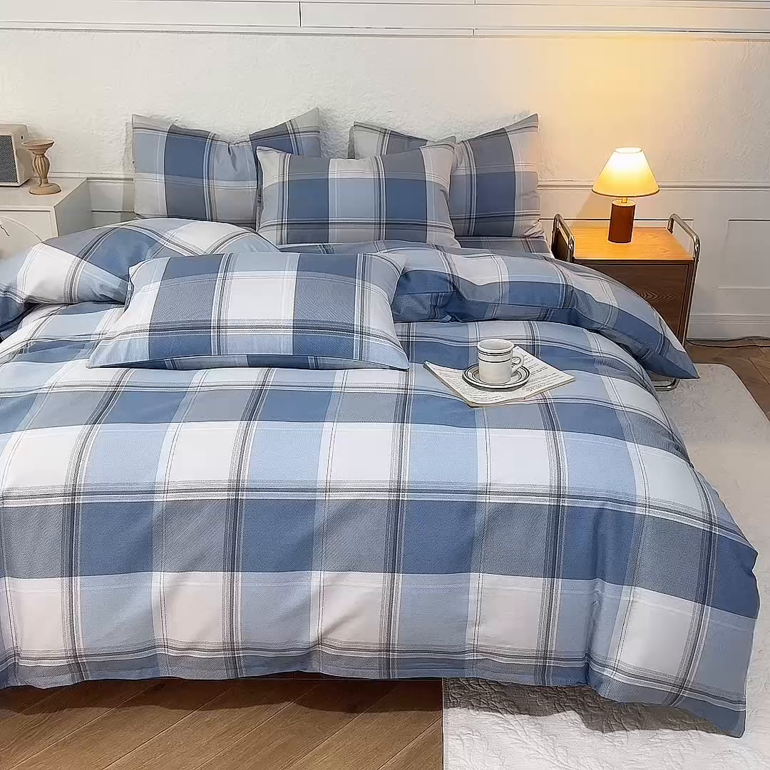 91家纺网 家纺一手货源 找家纺 八十八家纺 2026新款无印风全棉纯棉斜纹条格四件套 山禾