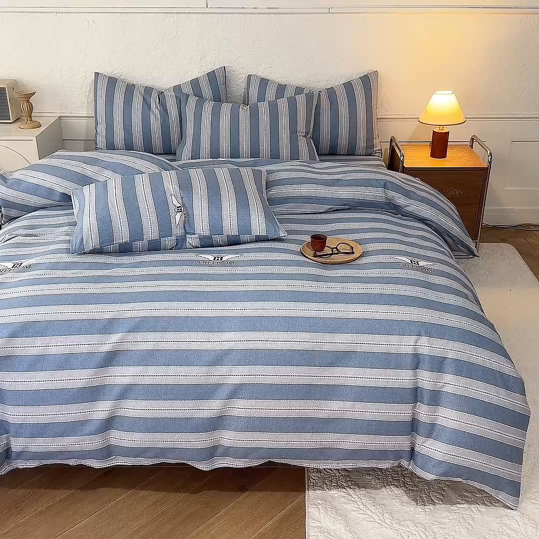 91家纺网 家纺一手货源 找家纺 八十八家纺 2026新款无印风全棉纯棉斜纹条格四件套 木夏