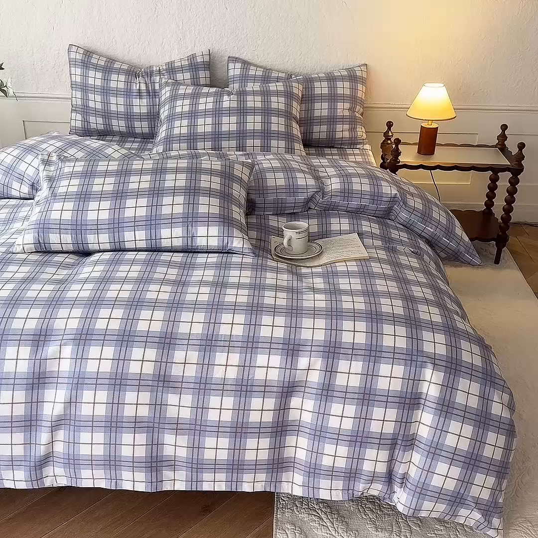 91家纺网 家纺一手货源 找家纺 八十八家纺 2026新款无印风全棉纯棉斜纹条格四件套 青岚