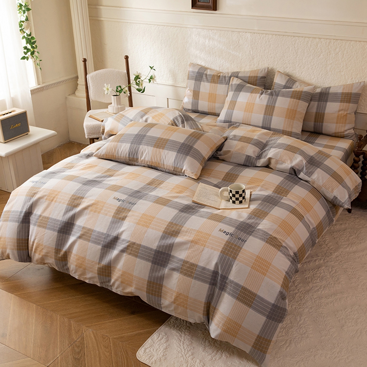 91家纺网 家纺一手货源 找家纺 八十八家纺 2026新款无印风全棉纯棉斜纹条格四件套 山川