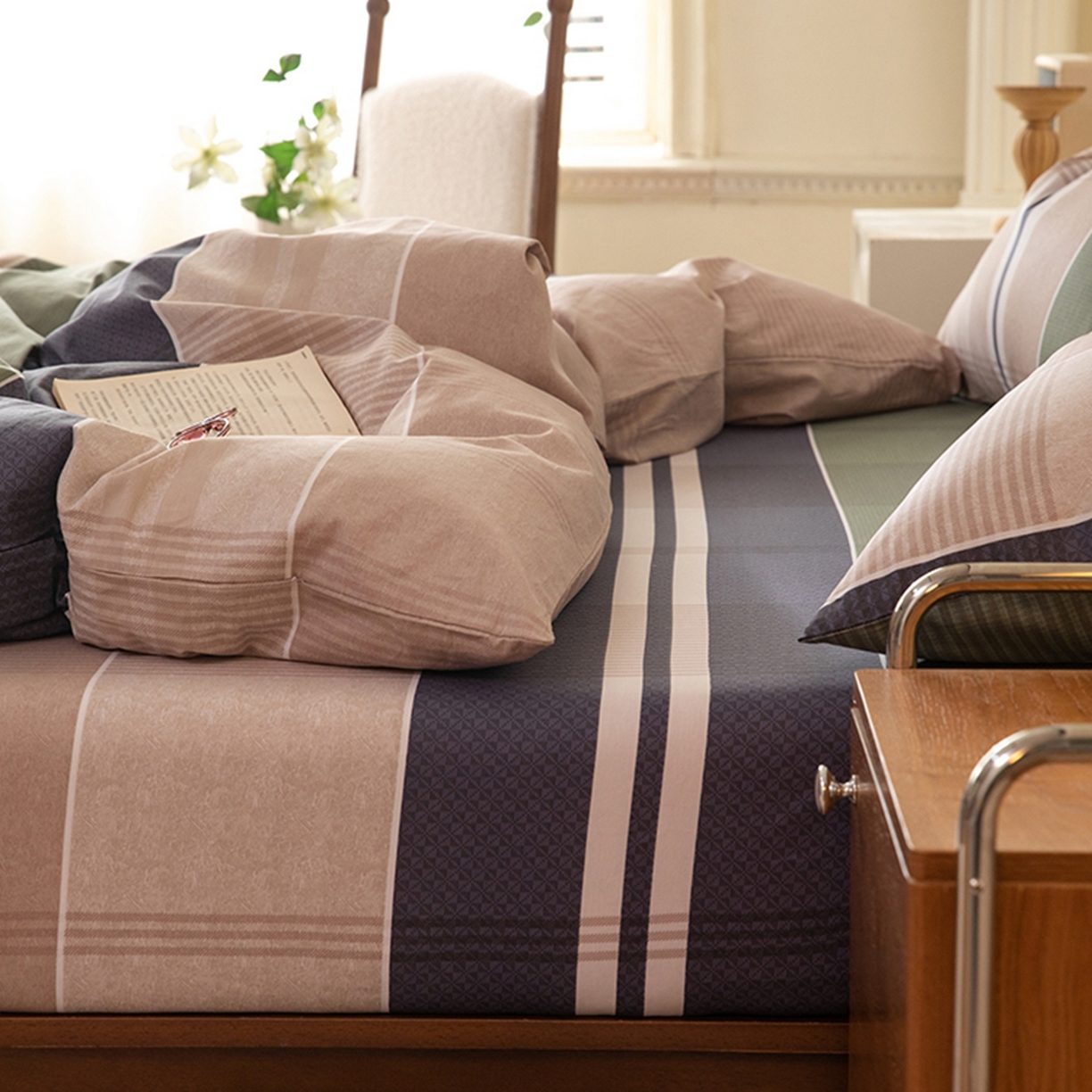 91家纺网 家纺一手货源 找家纺 八十八家纺 2026新款无印风全棉纯棉斜纹条格四件套 木夕