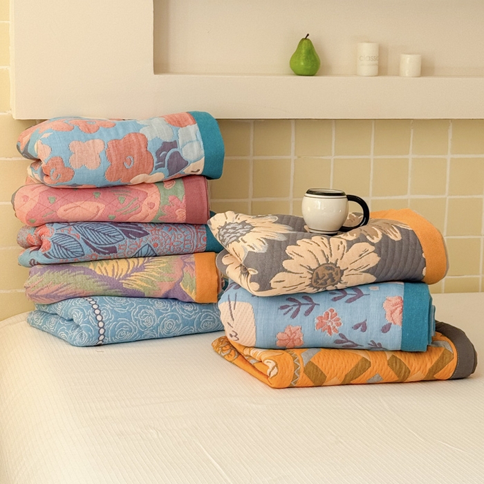 91家纺网 家纺一手货源 找家纺 （总）朴尔家纺-毛巾被 2026新款彩棉云柔三层纱布毛巾被三件套盖毯