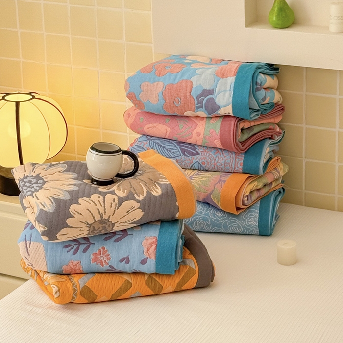 91家纺网 家纺一手货源 找家纺 （总）朴尔家纺-毛巾被 2026新款彩棉云柔三层纱布毛巾被三件套盖毯